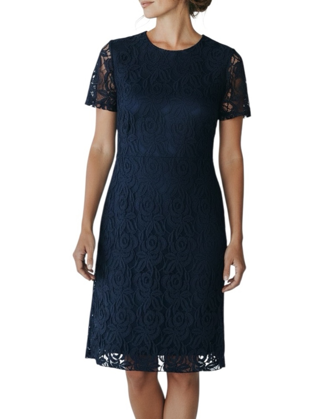 Paul Smith lace overlay short sleeve navy sheath dress Sz L excellent condition